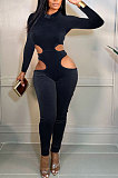 Blue Women Fashion Hollw Out Solid Color Long Sleeve Mid Waist Bodycon Jumpsuits PU6099-3