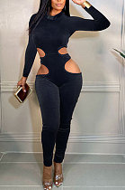 Black Women Fashion Hollw Out Solid Color Long Sleeve Mid Waist Bodycon Jumpsuits PU6099-2