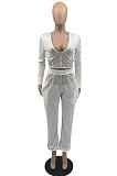 Khaki Sexy Mesh Spliced Long Sleeve V Neck Tops Loose Ankle Banded Pants Casual Sets YYF8254-5