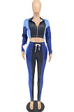 Blue Modest Spliced Long Sleeve Zipper Crop Tops Bodycon Pants Jean Legging  Sets ZQ8125-3