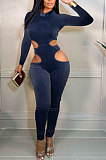 Black Women Fashion Hollw Out Solid Color Long Sleeve Mid Waist Bodycon Jumpsuits PU6099-2
