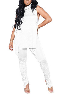 White Personality Pure Color Sleeveless High Neck Tops Ruffle Trousers Casual Sets YYF8247-1