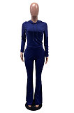 Peacock Blue Wholesale Cotton Blend Long Sleeve Hoodie Flare Pants Slim Fitting Solid Color Sets YYF8249-5