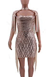 Black Women Fashion Sexy Sequins Tassel Mesh Spaghetti Mini Dress CCY8033-3