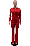 Red Wholesale Cotton Blend Long Sleeve Hoodie Flare Pants Slim Fitting Solid Color Sets YYF8249-2