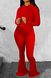 Rose Red Wholesale Cotton Blend Long Sleeve Hoodie Flare Pants Slim Fitting Solid Color Sets YYF8249-7