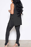 Black Personality Pure Color Sleeveless High Neck Tops Ruffle Trousers Casual Sets YYF8247-2