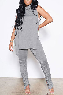 Grey Personality Pure Color Sleeveless High Neck Tops Ruffle Trousers Casual Sets YYF8247-5