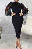 Green Wholesale New Mesh Spliced Puff Sleeve O Neck Collect Waist For Party Pencil Dress SMR10564-1