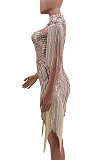 Apricot Women Fashion Sexy Sequins Tassel Mesh Spaghetti Mini Dress CCY8033-1