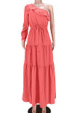 Watermelon Red Flounce Bandage Zipper Oblique Shoulder Irregular Long Dress GL6516-1