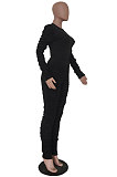 Black Casual Modest Women Long Sleeve O Neck T-Shirts Pencil Pants Ruffle Solid Color Sets TRS1183-1