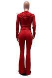 Red Wholesale Cotton Blend Long Sleeve Hoodie Flare Pants Slim Fitting Solid Color Sets YYF8249-2