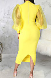 Yellow Wholesale New Mesh Spliced Puff Sleeve O Neck Collect Waist For Party Pencil Dress SMR10564-2