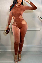 Brown Women Fashion Hollw Out Solid Color Long Sleeve Mid Waist Bodycon Jumpsuits PU6099-1