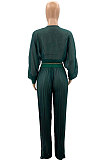 Drak Green Newest Chiffon Long Sleeve Deep V Collar Crop Blouse High Waist Wide Leg Pants Two-Piece SZS8185-3