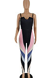 Black Women Trendy Printing Stripe Condole Belt Tight Mid Waist Sport Jumpsuits PU6098