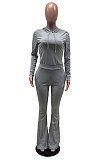 Gray Wholesale Cotton Blend Long Sleeve Hoodie Flare Pants Slim Fitting Solid Color Sets YYF8249-3