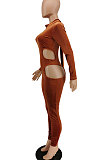 Brown Women Fashion Hollw Out Solid Color Long Sleeve Mid Waist Bodycon Jumpsuits PU6099-1