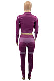 Purple Wholesale Ribber Digital Print Long Sleeve Zipper Stand Neck Crop Tops Pencil Pants Casual Sets SZS8187-1