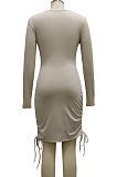 Brown Cotton Blend Simple Long Sleeve Drawsting Solid Color Slim Fitting Hip Dress SMR10606-3