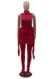 Red Personality Pure Color Sleeveless High Neck Tops Ruffle Trousers Casual Sets YYF8247-4