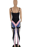 Black Women Trendy Printing Stripe Condole Belt Tight Mid Waist Sport Jumpsuits PU6098