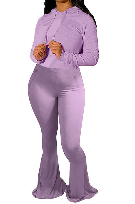 Purple Wholesale Cotton Blend Long Sleeve Hoodie Flare Pants Slim Fitting Solid Color Sets YYF8249-1