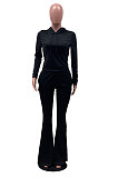 Black Wholesale Cotton Blend Long Sleeve Hoodie Flare Pants Slim Fitting Solid Color Sets YYF8249-8