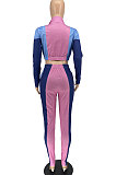 Pink Modest Spliced Long Sleeve Zipper Crop Tops Bodycon Pants Jean Legging  Sets ZQ8125-2