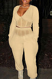 White Sexy Mesh Spliced Long Sleeve V Neck Tops Loose Ankle Banded Pants Casual Sets YYF8254-2