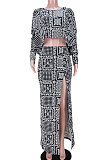 Black Women Long Sleeve Round Collar Fashion Flounce Tops High Split Skirts Sets GL6515