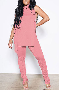 Pink Personality Pure Color Sleeveless High Neck Tops Ruffle Trousers Casual Sets YYF8247-6