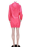 Rose Red Women Fashion Split Wind Coat Cloth Pure Color Mid Waist Hooded Zipper Mini Dress GL6512-1