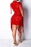 Red Women Fashion Sexy Sequins Tassel Mesh Spaghetti Mini Dress CCY8033-2