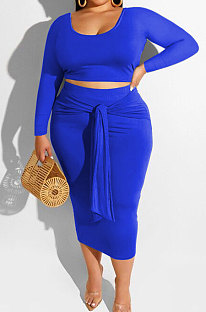 Blue Fashion Big Yards Long Sleeve Round Neck Crop Tops Bandage Hip Skirts Slim Fitting Sets SMD82083-1