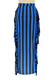 Blue Euramerican Women Stripe Printing Tassel Pencil Skirts AL188-4