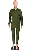 Drak Green Cotton Blend Casual Long Sleeve Slit Hoodie Pencil Pants Slim Fitting Sets HH8942-3