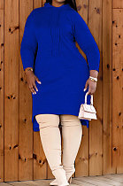 Dark Blue Autumn Winter Lady Loose Long Sleeve Solid Color Round Collar Irregular Mini Dress KZ2140-4