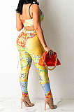 Yellow Sexy Women Fashion Printing Tight Condole Belt Skinny Backless Long Pants Sets CCY9198-1