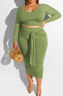 Fruit Green Fashion Big Yards Long Sleeve Round Neck Crop Tops Bandage Hip Skirts Slim Fitting Sets SMD82083-1