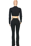 Black Autumn Winter New Long Sleeve Round Neck Dew Waist T-Shirts Flare Pants Solid Color Sets SM9207-1