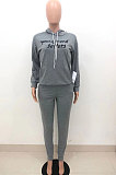 Gray Wholesale Newest Letter Printing Long Sleeve Loose Hoodie Ankle Banded Pants Sport Sets HT6078-3