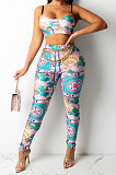 Pink Sexy Women Fashion Printing Tight Condole Belt Skinny Backless Long Pants Sets CCY9198-2