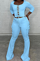 Blue Fashion Club Eyelet Bandage Long Sleeve Dew Waist Tops Mid Waist Flare Pants Solid Color Sets MLL177-1