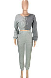 Gray Cotton Blend Casual Spliced Eyelet Bandage Crop Tops High Waist Ankle Banded Pants Sets SM9208-2