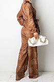 White Autumn Winter Digital Printing Long Sleeve Cardigan Shirts With Beltband Wide Leg Jumpsuits ARM8309-1