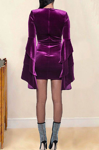 Dark Purple Women Deep V Collar Mink Cashmere Horn Sleeve Mid Waist Zipper Romper Shorts MDF5261