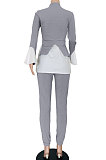 Gray Women Casual Long Sleeve Spliced Puff Sleeve Ruffle Pants Sets JZH8089