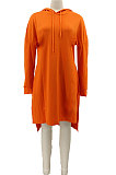 Orange Autumn Winter Lady Loose Long Sleeve Solid Color Round Collar Irregular Mini Dress KZ2140-1